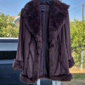 INC International Concepts Dark Brown Faux-Fur Trim Trench Coat